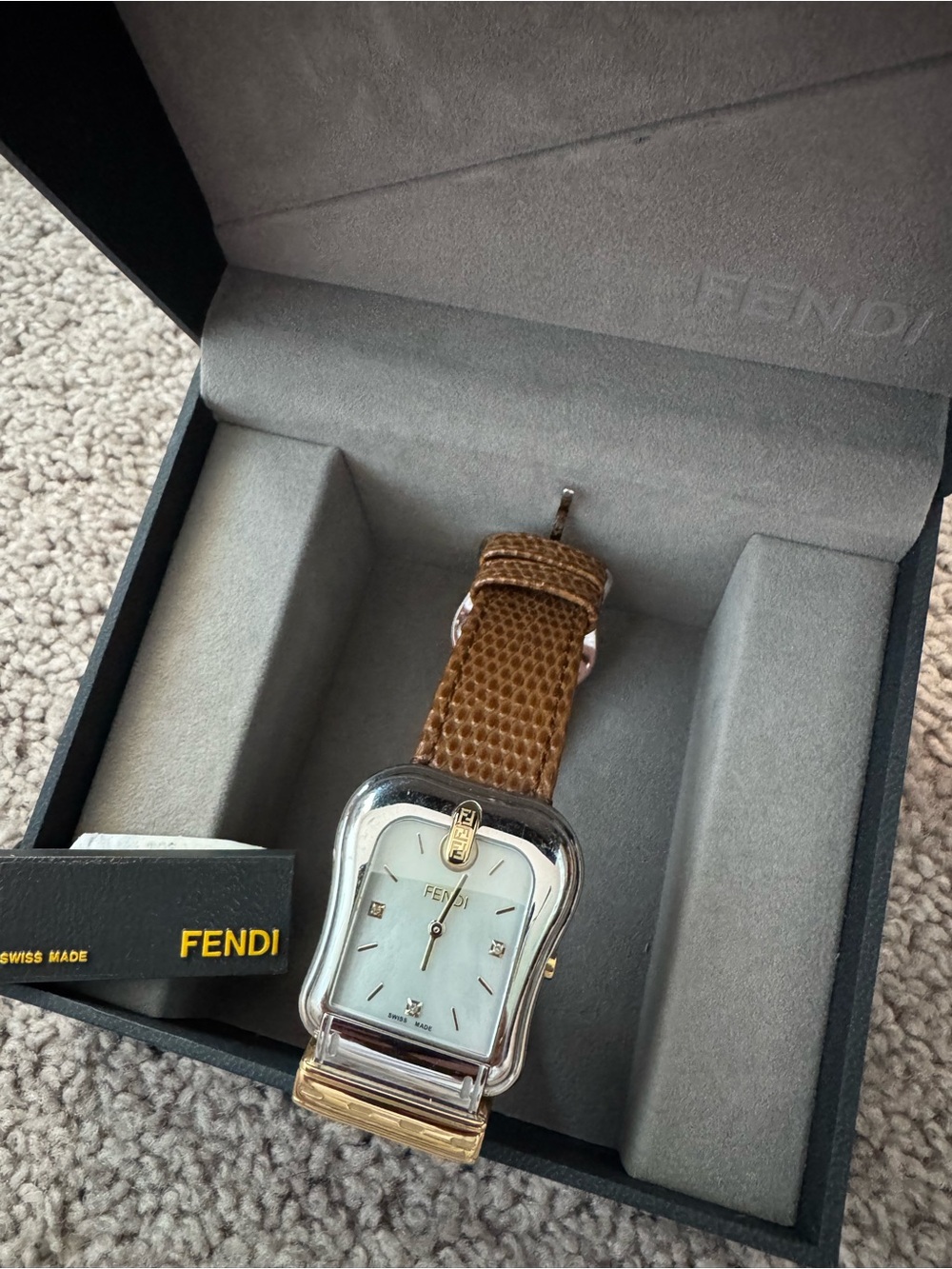 Fendi Ladies Brown Leather Strap Two-Tone Silver & Gold Case Watch